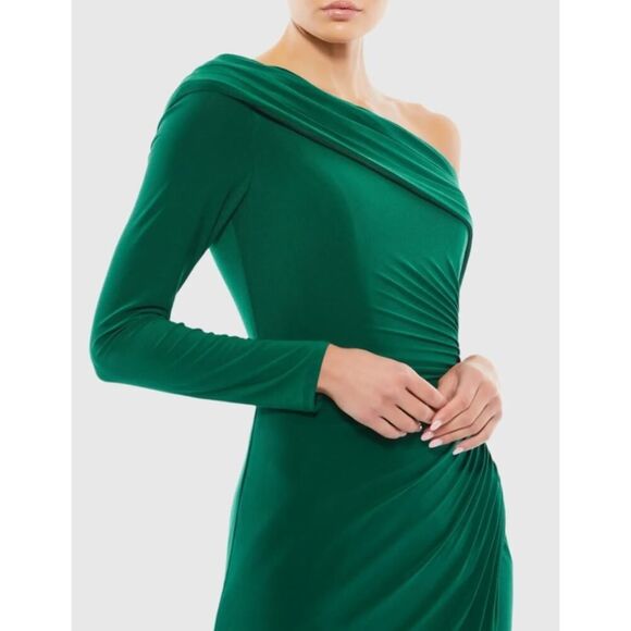 Ieena for Mac Duggal Green Ruched Drop Shoulder Foldover Gown - Size 4 - NWT - Picture 3 of 6